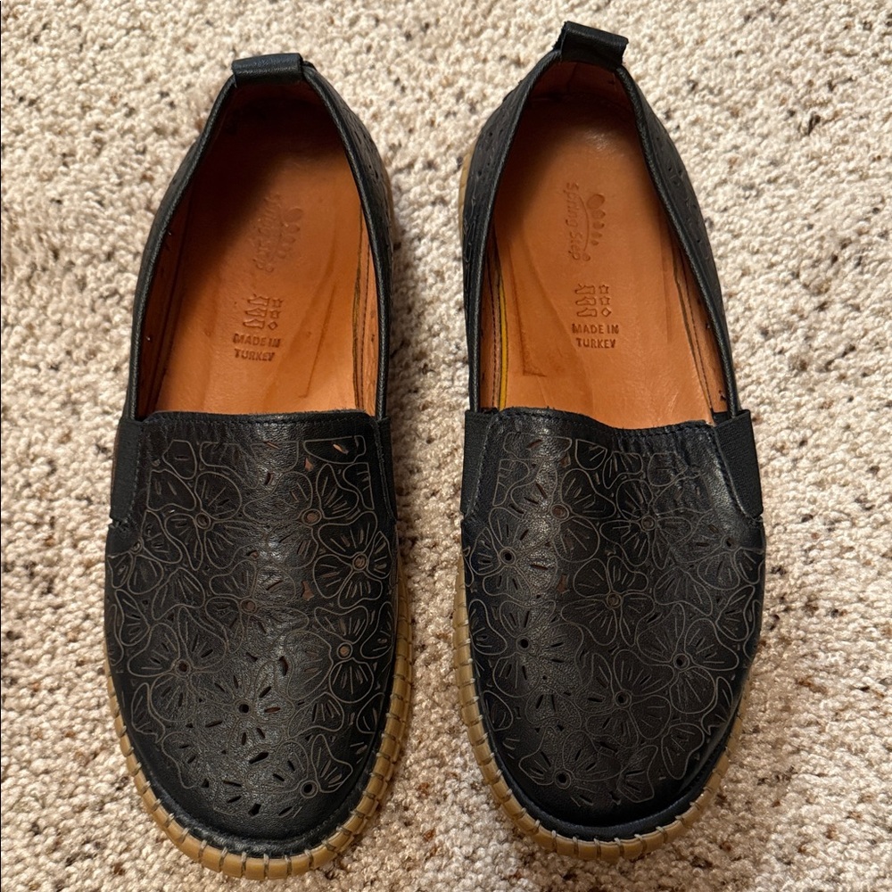 Black Floral Leather Spring Step Slip-On Shoes